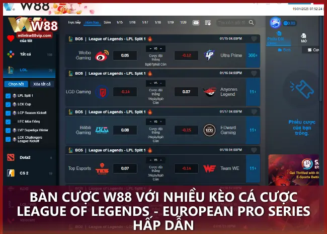 Bàn cược W88 với nhiều kèo cá cược League of Legends - European Pro Series hấp dẫn